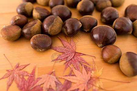 栗子和红叶秋天季节 有木叶和栗子背景