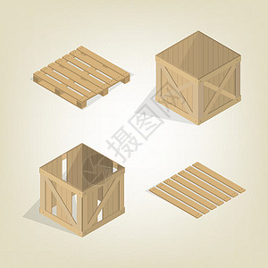 逼真的木箱与托盘图楼梯纸板商业平台木头物流货物绘画包装加载背景图片