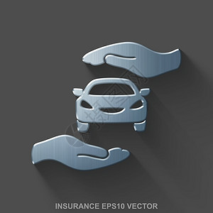 汽车钢平面金属保险3D图标 波兰钢车和棕榈在灰色背景上 EPS 10 矢量插画