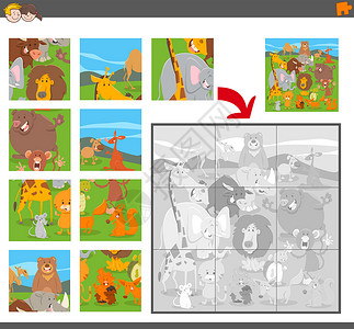 与卡通动物的 jigsaw 拼图游戏背景图片