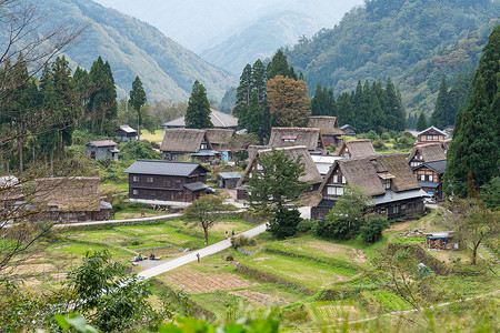 日本白川戈传统日本老古老的村庄背景图片