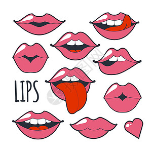 卡通嘴唇设置迷人的古怪图标 时装设计的插图 亮粉色妆吻痕  80 年代和 90 年代卡通风格的热情嘴唇在白色背景下被隔离背景