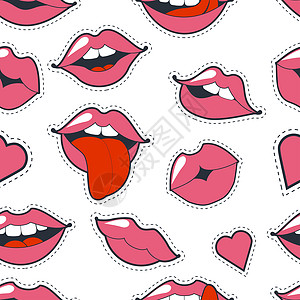卡通嘴唇迷人的古怪无缝背景 时装设计的插图 亮粉色妆吻痕  80 年代和 90 年代卡通风格的热情嘴唇在白色背景下被隔离星星微笑口红绘画背景