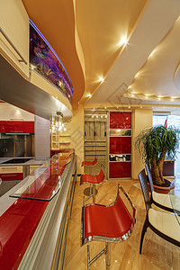 开放的客厅概念扶手椅房间桌子奢华风格家具红色白色地面木头装饰风格高清图片素材
