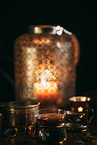 热茶和蜡烛红茶场景乡村玻璃静物背景图片