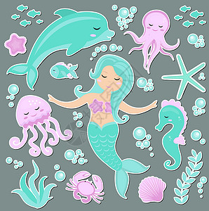 海豚表情可爱时尚的贴纸表情符号 补丁徽章小美人鱼和海底世界 童话公主美人鱼和海豚 章鱼 鱼 水母 矢量图插画