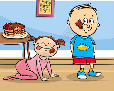 带蛋糕漫画的小男孩和小女孩背景图片