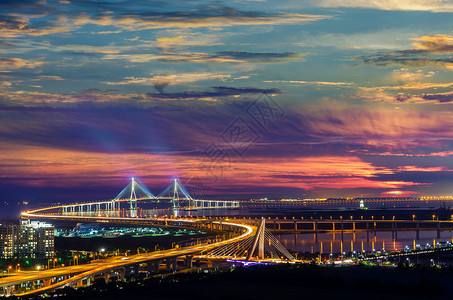 清朝仁川大桥日落城市景观反射天空建筑学背景图片