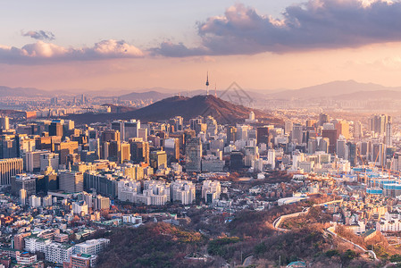 首尔市天线 韩国最佳景色商业天际建筑学办公室旅行建筑物地标城市日落景观背景图片