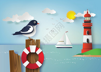 海鸥站在木柱上阳光天空支撑蓝色旅行房子导航卡通片海滩墙纸插画
