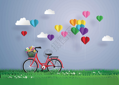 折叠自行车彩色热气球心形花园自行车插画