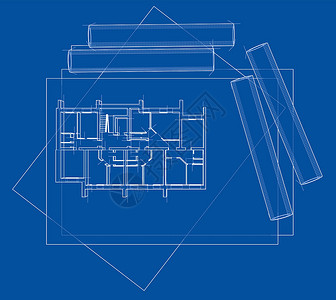 带有楼面模型的绘图蓝图建筑绘画建筑师建筑学项目地面房子设计工程插画