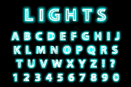led字体黑色背景上的现代时尚蓝色霓虹灯字母表 LED 发光字母字体 发光数 矢量图插画