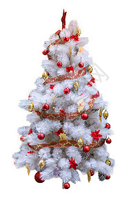 白圣诞树 白色背景上有装饰品背景图片