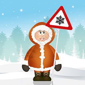 带路信号的爱斯基摩人 危险雪雪卡通片皮夹克风险季节插图男人外套背景图片