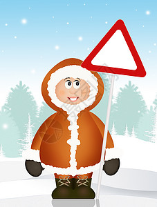 带路信号的爱斯基摩人 危险雪雪卡通片男人季节外套插图风险皮夹克背景图片