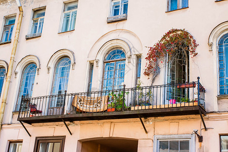 圣彼得堡有拱窗的阳台建筑学房子窗户城市植物街道花朵背景图片