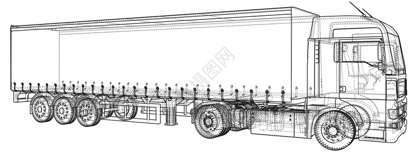 拖车 抽象绘图 追踪 3d 的插图盒子蓝图货物卡车拖拉机汽车船运物流运输后勤背景图片