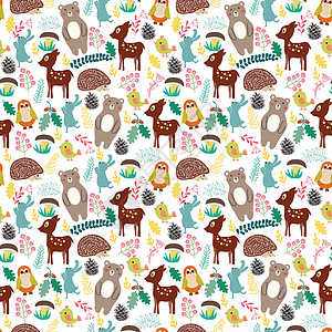 婴儿米糊无缝模式 在米地背面带有可爱的卡通漫画森林动物g猫头鹰织物树叶刺猬婴儿艺术墙纸纺织品风格插图插画