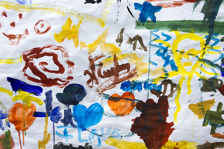 儿童绘画纸染色白色孩子橙子艺术品蓝色教育插图红色宏观背景图片
