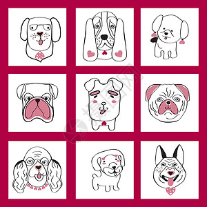 狗在草甸集合与可爱的狗设置在素描卡通风格设计图片