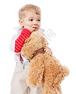 男孩抱抱熊童年快乐玩具孩子幸福儿童拥抱男性喜悦白色背景
