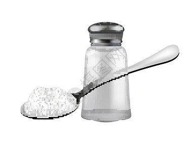 白色粉末逼真的 3d 盐瓶和盐勺 孤立在白色背景上 装香料的玻璃罐 烹饪概念的配料 矢量图插画