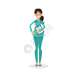 微笑的护士卡通平面护士微笑 有听诊器和病史的年轻女医生 医疗或信息海报的护理女性角色 快乐的护士 医生或健康日关心诊所专家治疗临床成人男人背景