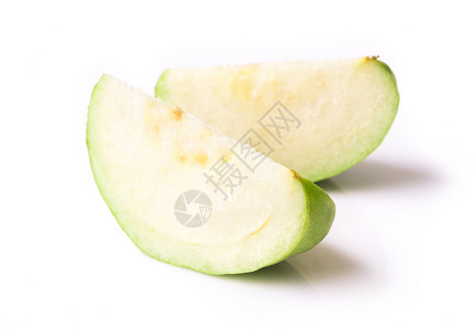 寒性水果白色背景的绿瓜瓦果 治疗性专题水果黄色农业营养甜点异国热带绿色叶子食物果汁背景