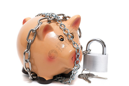 挂装挂锁装着锁的可爱小猪银行钥匙现金挂锁金融储蓄制品白色安全银行业繁荣背景