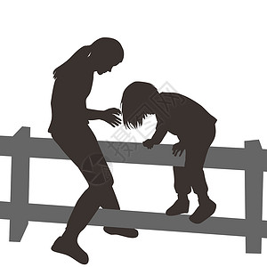 儿童爬上木围栏女性国家童年黑色晴天孩子乡村裙子白色乐趣背景图片