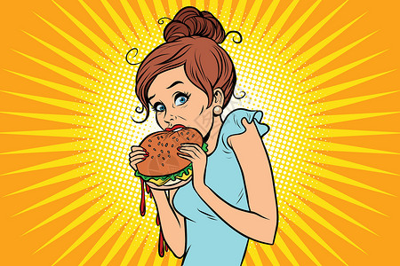 女人吃手素材超食快餐 女人偷偷吃汉堡包插画