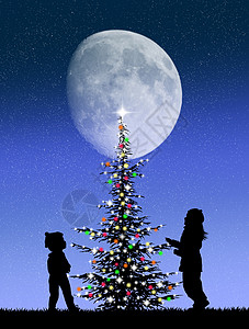 圣诞树周围的人插图松树孩子们庆典快乐家庭月亮背景图片