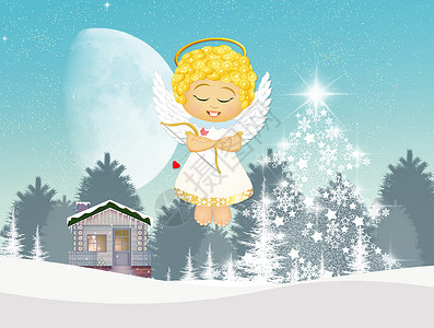可爱丘比特天使圣诞天使庆典翅膀金发女郎明信片雪橇背景