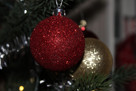 圣诞树装饰品红色背景图片