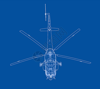 蓝色直升机直升机工程图维修螺旋桨飞机打印技术航班机器数字绘画插图设计图片