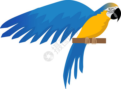 黄蓝金刚鹦鹉鹦鹉平面图标卡通风格 蓝色和黄色的金刚鹦鹉字符 彩色鸟飞 孤立在白色背景上 矢量图插画