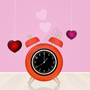 爱情时间插图柳叶金属手表小时柜台红色背景图片