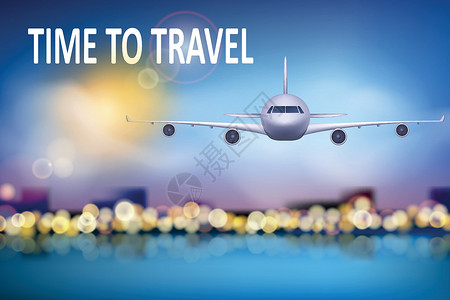 夏季旅行插图与飞机在蓝色阳光明媚的背景与柔和的散景和云彩 旅游主题小册子 旅行社广告飞机海报设计 矢量图背景图片