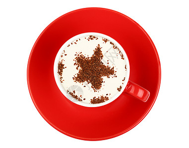卡布奇诺咖啡 红杯咖啡棕色红色飞碟拿铁牛奶活力可可星星杯子饮料背景图片