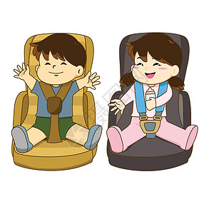 后座男孩和女孩坐在汽车座椅上戴着安全带的矢量插画