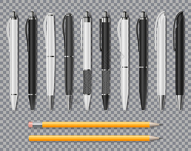 黑色钢笔一套逼真的办公室优雅的钢笔和铅笔隔离在透明的背景上 办公室空白的白色和黑色圆珠笔 它制作图案矢量插画