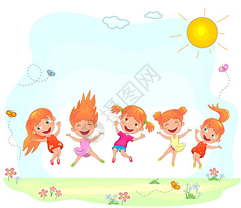 欢乐和快乐的孩子 在草地上跳跃背景图片