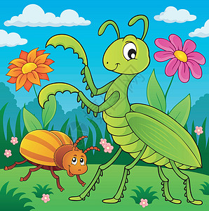站立的螳螂有螳螂和布草的草甸插画