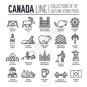 加拿大城堡国家地区加拿大旅游度假指南的商品 地点和特色 集建筑 时尚 人物 物品 自然背景概念于一体 信息图表传统民族平面 轮廓 细线图标设计图片