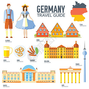 指南图标国家德国旅游度假指南的好去处和特色 一套建筑人文化图标背景概念 用于网络和移动设备的信息图表模板设计 在平面风格插画