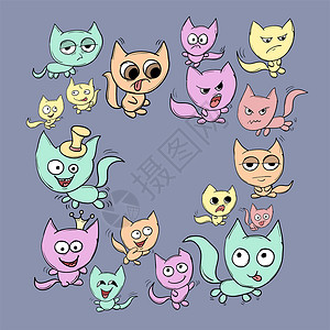 很多颜色的猫一群可爱的卡通猫在黑暗背景上 有着不同的颜色和情感背景
