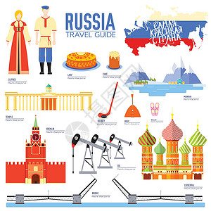 俄罗斯商品商品 地点和特色的俄罗斯国家旅游度假指南 集建筑 人物 文化 图标背景概念于一体 用于网络和移动设备的信息图表模板设计 平面样式插画