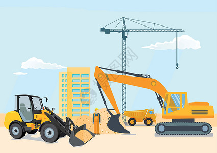 建筑建造施工现场的挖掘机和轮式装载机插画
