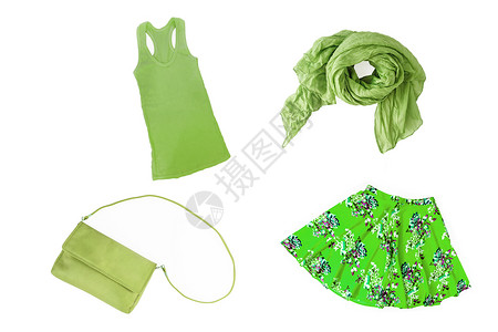 时兴的绿色夏天春天女性衣裳拼贴画和配饰服装淡绿色纺织品比基尼衣服旅行零售航程店铺背景图片